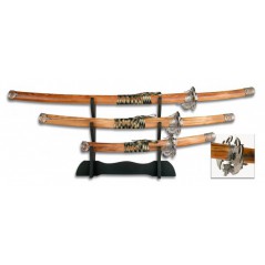 KATANAS DRAGON, SET  3, VAINA MADERA, 69/49/29cm